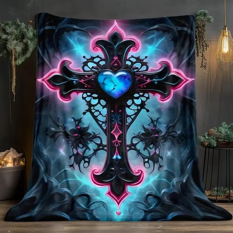 Cross and heart pattern flannel blanket suitable for bedding, office, home, camping, warming, sofa, Christmas and Halloween