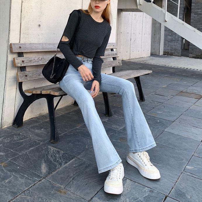 Women's 2025 High-Waisted Micro-Flare Jeans, Hong Kong Style, Petite Chic, Floor-Length, Autumn Collection.