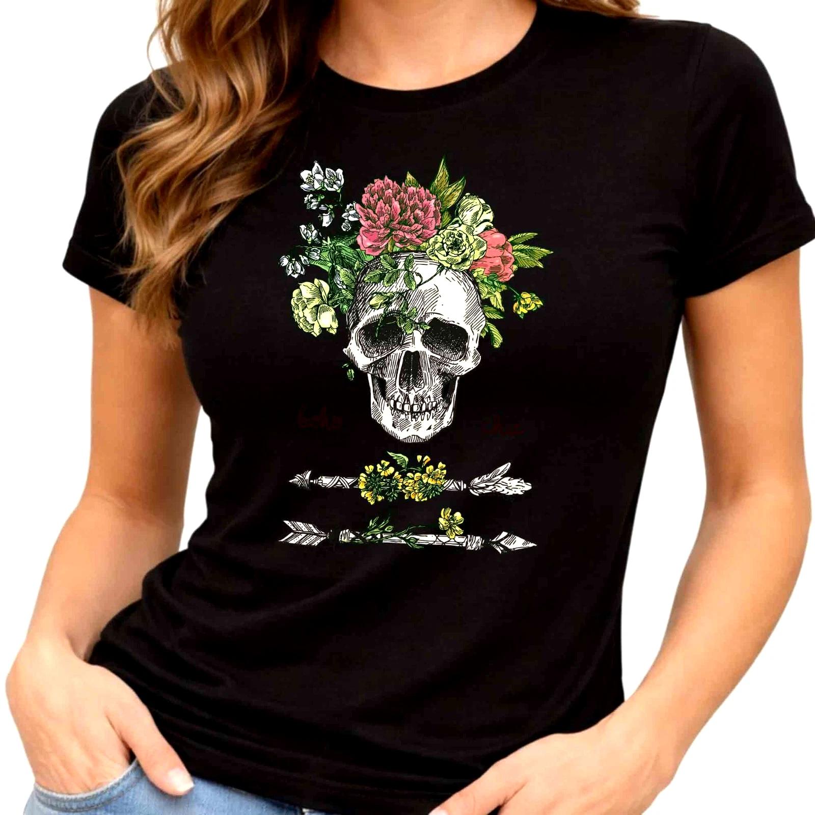 Flower Skull Graphic T-Shirt Floral Sugar Skull Tee Gothic Boho Tattoo Art XL