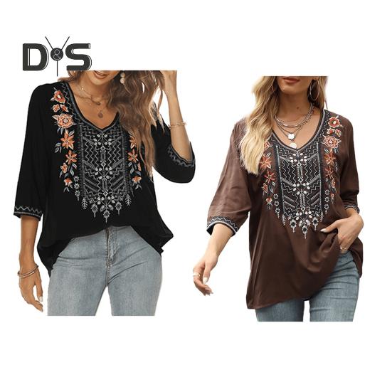 Dámská halenka Tradiční mexické dámské vyšívané topy Volný střih Bohémský květinový 3/4 rukáv Košile pro každodenní nošení