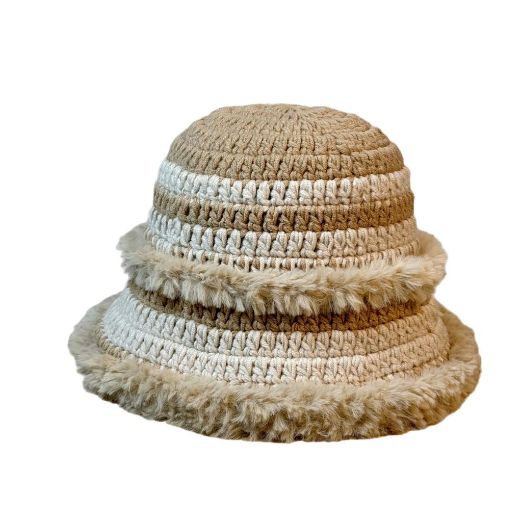 Crocheted Color blocked Plush Knitted Fisherman Hat for Women in Autumn and Winter Warm and Face Showing Small Woolen Hat Plush Hat