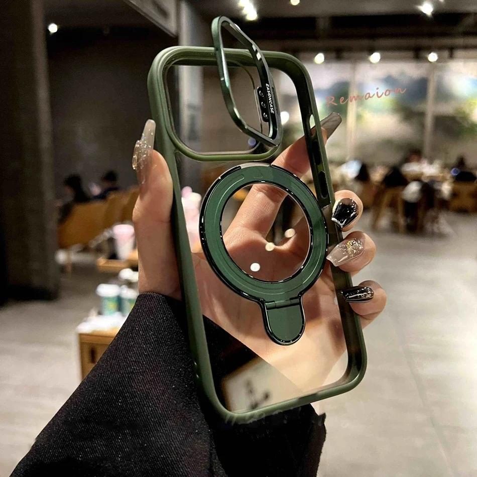 New Gold 16 Magnetic Glass Lens Stand Phone Case for iPhone 16 11 13 15 12 14 Pro Max 16 Plus Funda Magsafe Clear Cases Cover