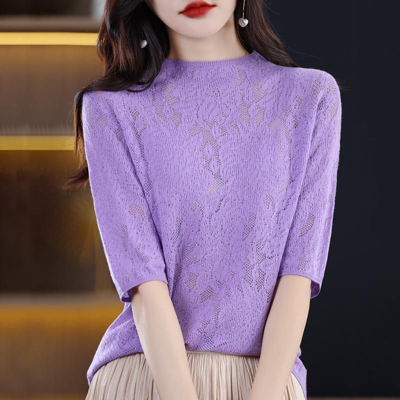 

Всесезонний жіночий светр 50% вовна 50% шовк | Легкий теплий пуловер з суміші | Розкішний кашеміровий шовковий трикотаж XL фіолетовий