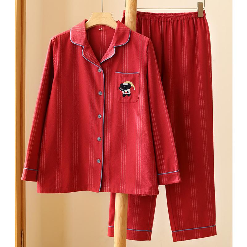 Autumn and Winter Men's and Women's Couples Red Simple Stripes Pure Cotton Double-strand Polished Men's Pajamas Homewear Long-sleeved Suit
