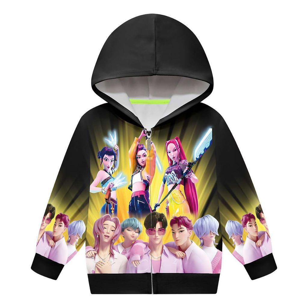 Dětská Dívčí POP Zpěvačka Rumi Zoey Mira Potištěná Neformální Mikina s Kapucí na Zip s Dlouhým Rukávem Bunda Kabát