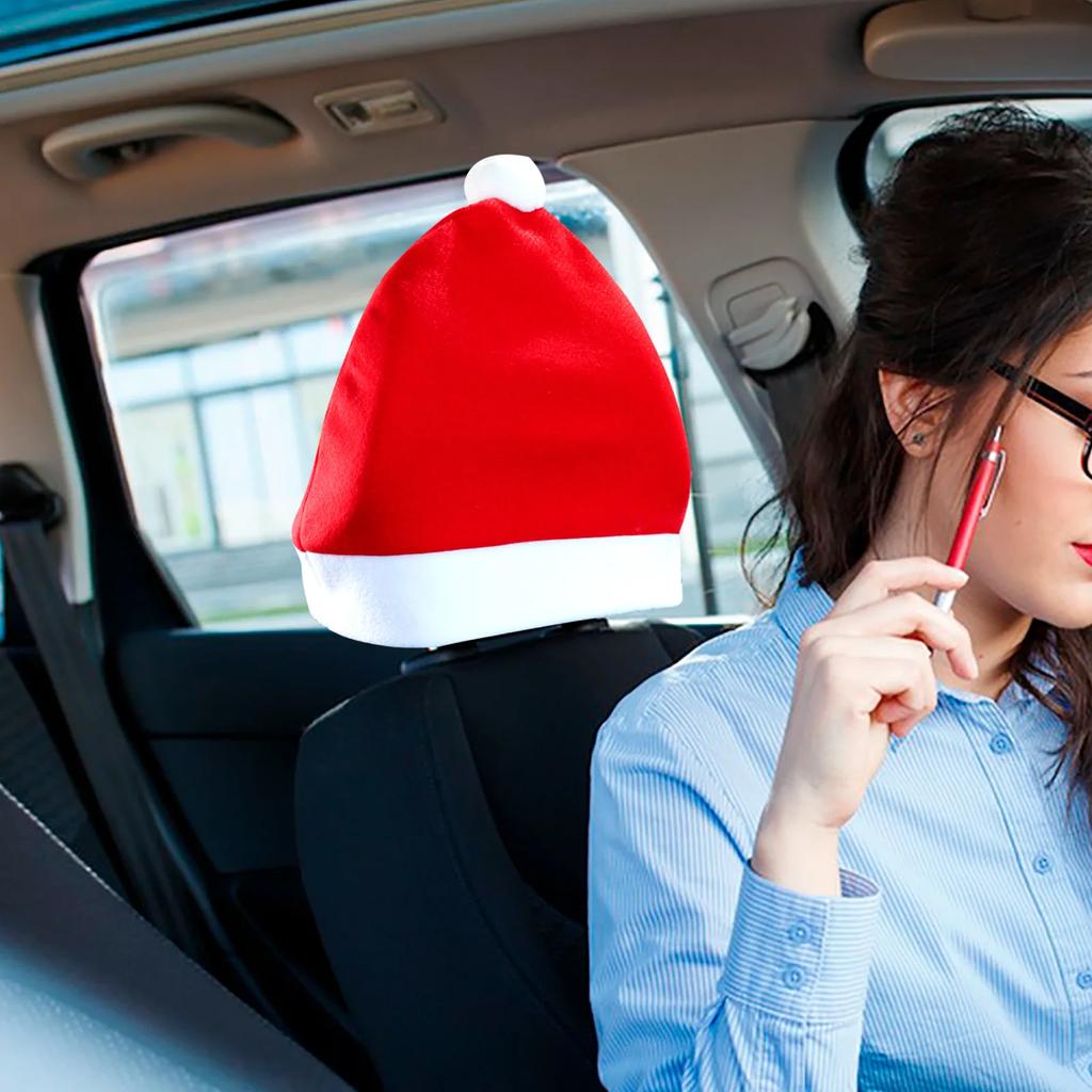 Automotive Christmas Decor King Size Santa Hat Headrest Cover Seat Back Cover for Holiday Vehicle Decoration