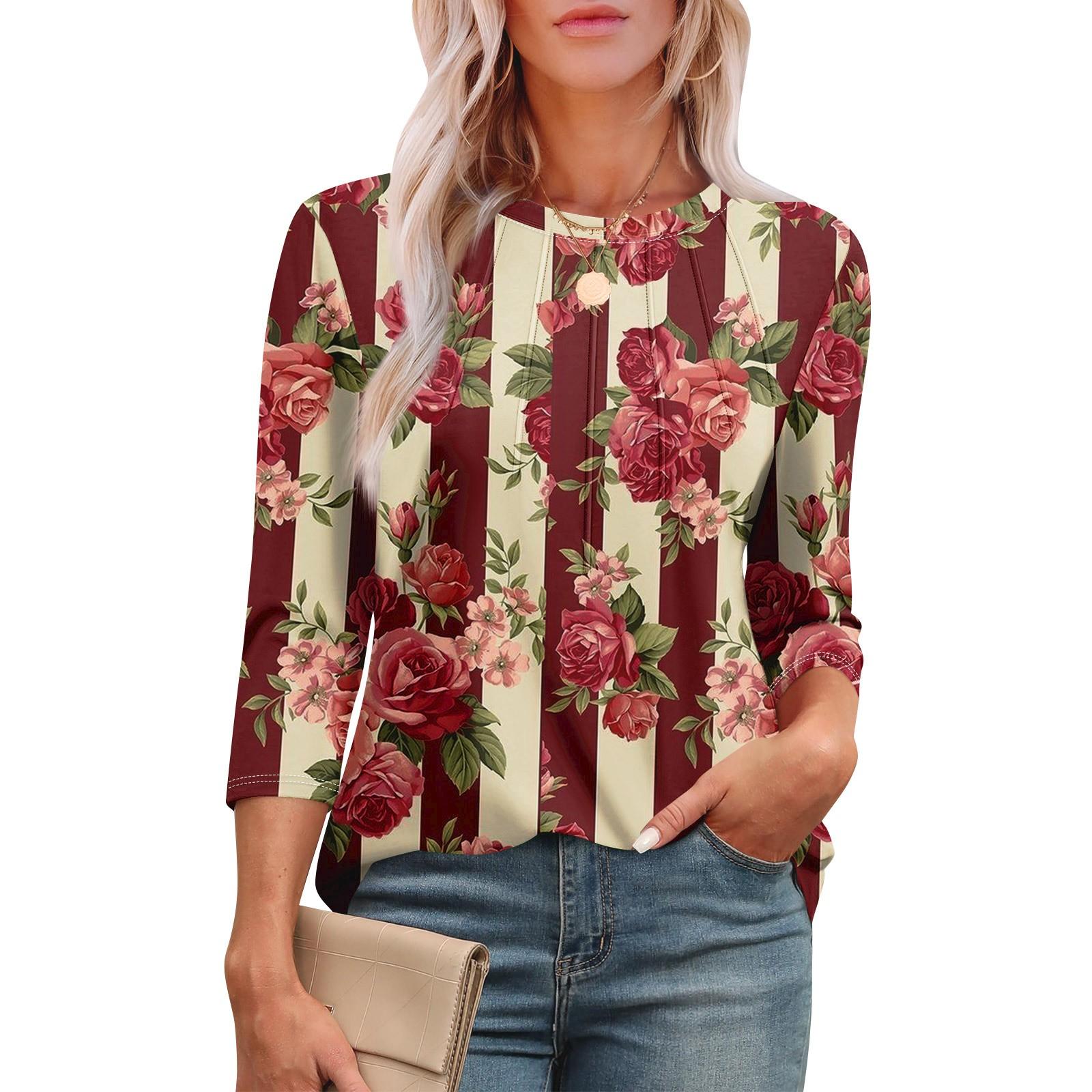 

Женская модная футболка с круглым вырезом и рукавом 3/4 с принтом, повседневная, базовая, плиссированная, пуловер L винный