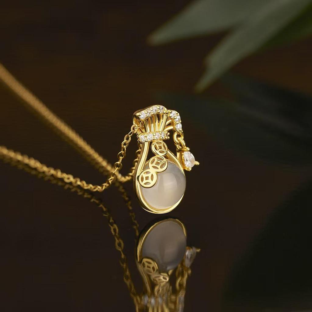 S925 Sterling Silver Ruyi White Chalcedony Lucky Bag Necklace - Niche Design Gift for Women, Friends, or Girlfriend