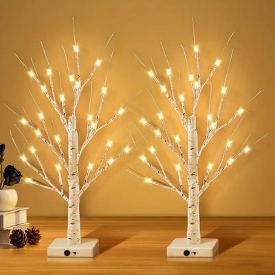 Árbol de abedul iluminado con 24 LED para decoración del hogar, árbol de LED blanco cálido, alimentado por USB, funciona con pilas, mini árbol artificial de mesa