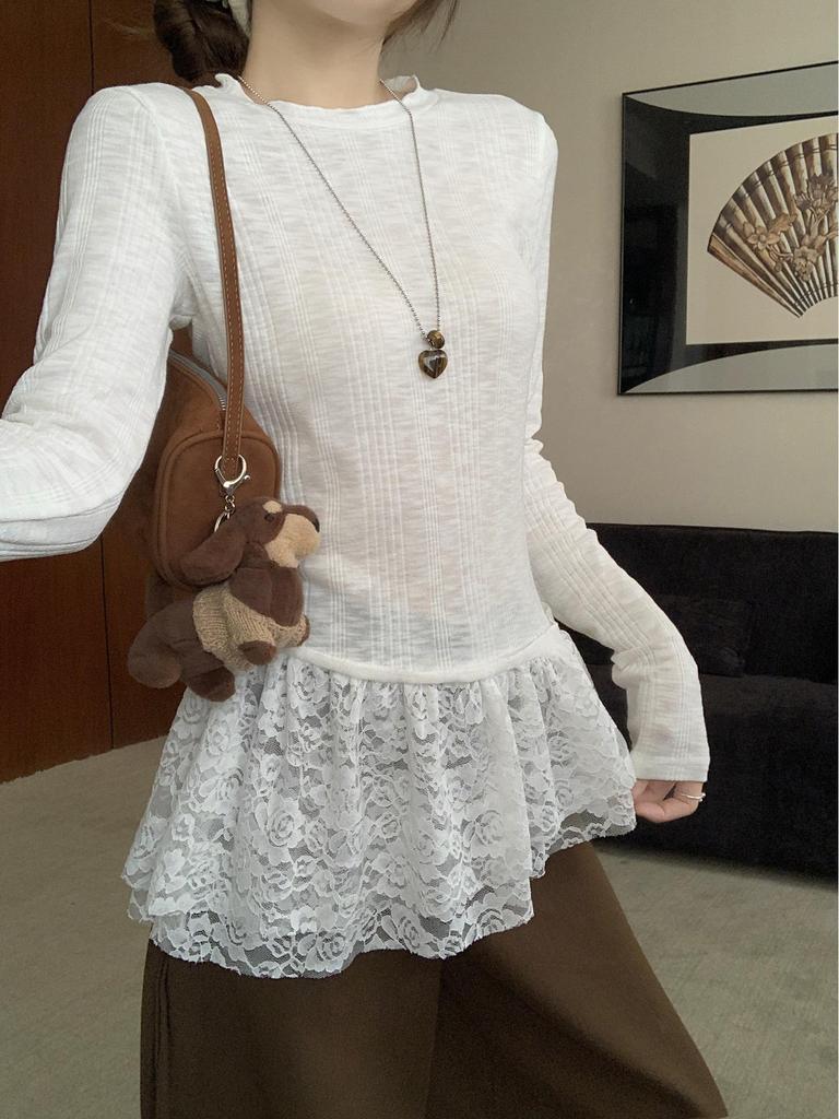 Women's French Lace Patchwork Long Sleeve Ruffle Turtleneck for Fall/Winter Layering