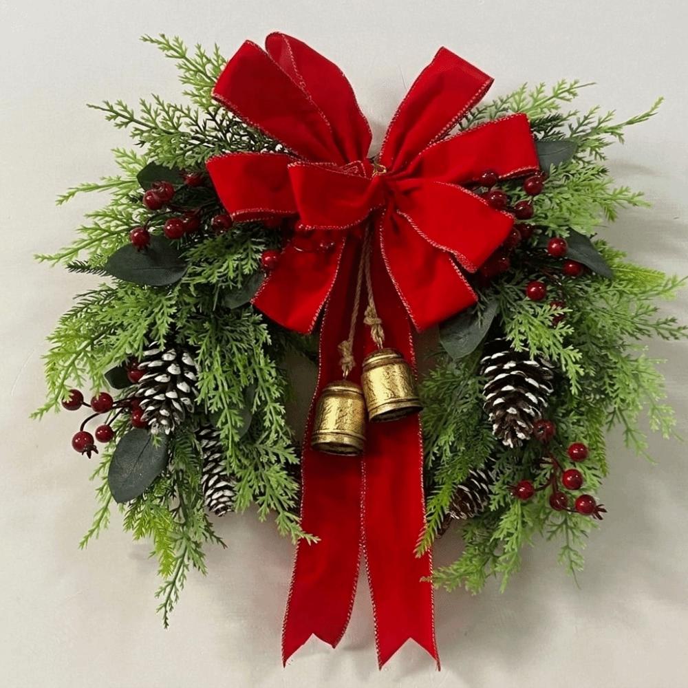 Bowknot Christmas Wreath Bell Hanging Wreath Decoration Artificial Berry Wreath Mantelpiece Decor