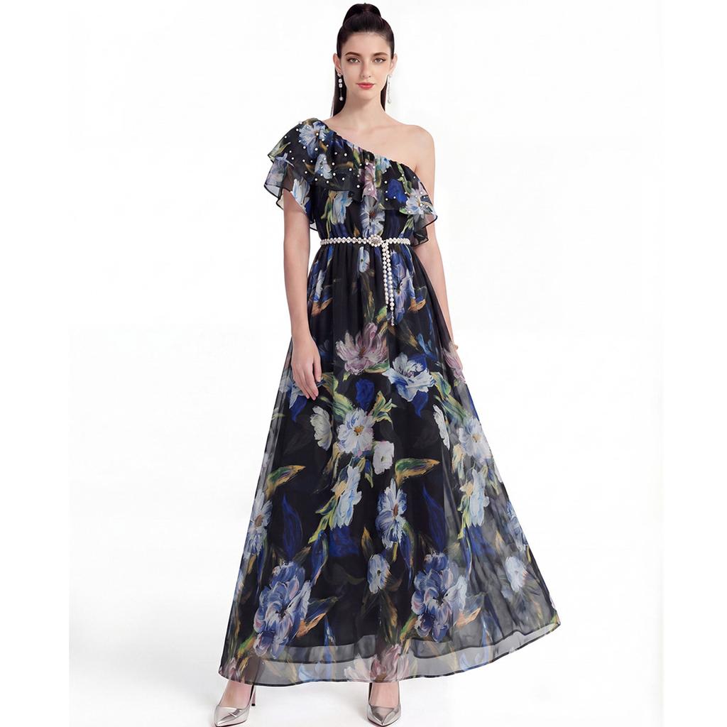 Summer Sexy Off Shoulder Slash Neck Ruffle Beach Party Dress Elegant Women Fashion Floral Pleated Holiday Long Dresses