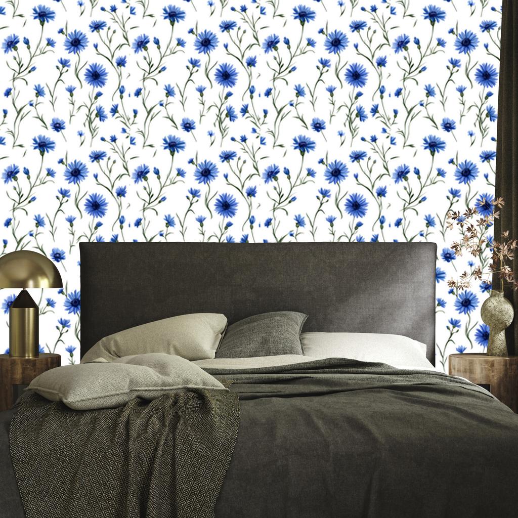 Wallpaper Flowers and Leaves White, Light Gray and Blue 50x1000