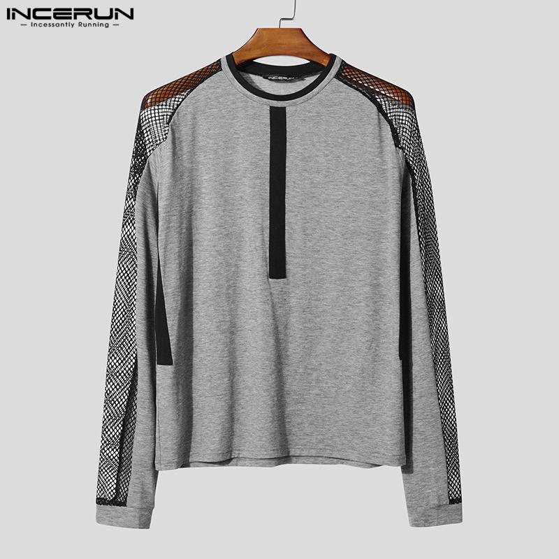 INCERUN Bărbați Gât Rotund Mânecă Lungă Plasă Patchwork Vezi Prin Tricouri Maiouri