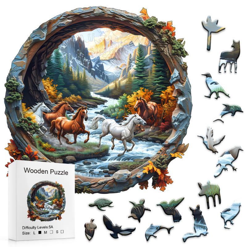 Horse Running In The Cave Wooden Puzzle Irregular Small Animal Pieces Flat Wooden Puzzle