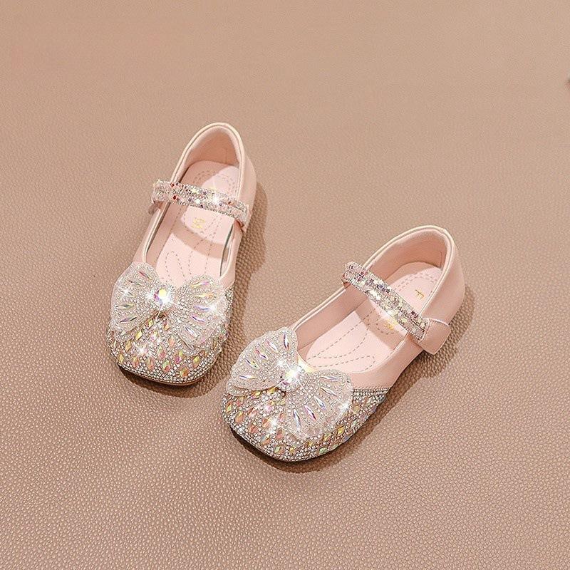 Girls' Shiny Princess Shoes with Bow Rhinestones Small Leather Shoes Fashionable Soft-soled Crystal Shoes