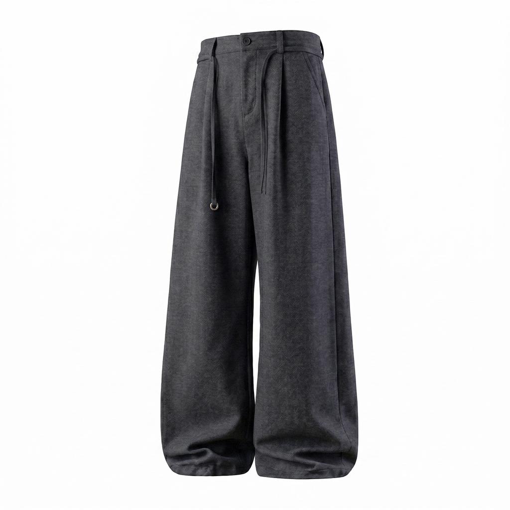 | Retro Old Money Woolen Trousers Men's Autumn Silhouette Loose Casual Pants Texture Thin Belt Trousers