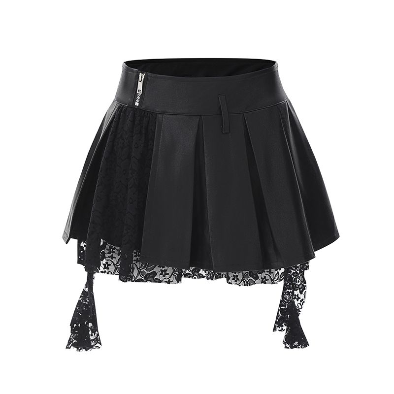 

USS Black Sexy Short dress Leather Skirt Women Gyaru Low Waist Slimming Lace Stitching Design Pleated Skirt Skirt Black L