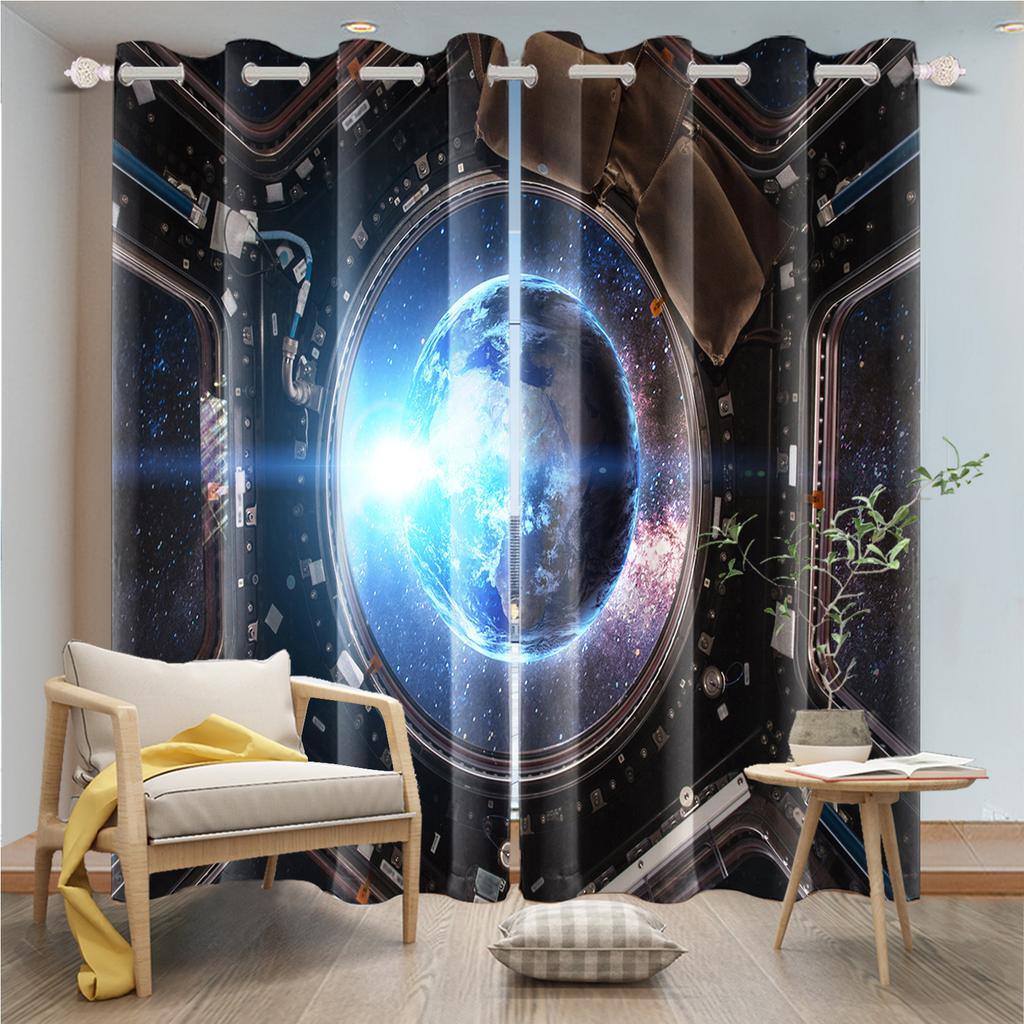 2pcs/set 3D Spacecraft Cabin Window Curtain Science Fiction Futurism Bedroom Living Room Decor Blackout Polyester Fabric Curtain