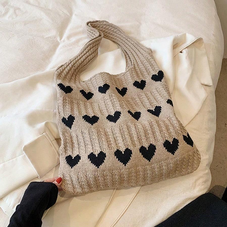 Gebreide liefde tote bag klein fris eenvoudig mode geweven tas gepersonaliseerd buitenlandse stijl schoudertas khaki gray