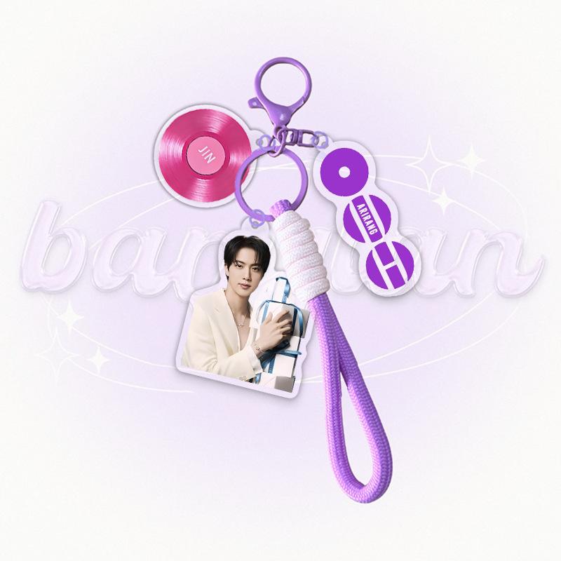 BTS Member Photo Acrylic Keychain with Purple Braided Strap, Bangtan Boys Vinyl Disc Charm Keyring, Kpop ARMY Fans Bag Accessory