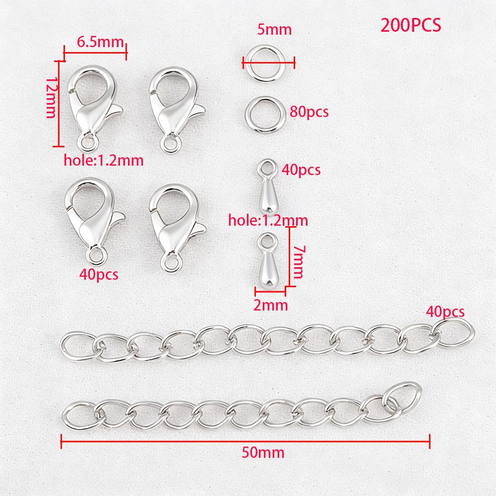200pcs/Box Lobster Clasp Jump Rings Extension Chain Water Drop End Pendants Connector Chain Charm Kit for DIY Jewelry Findings