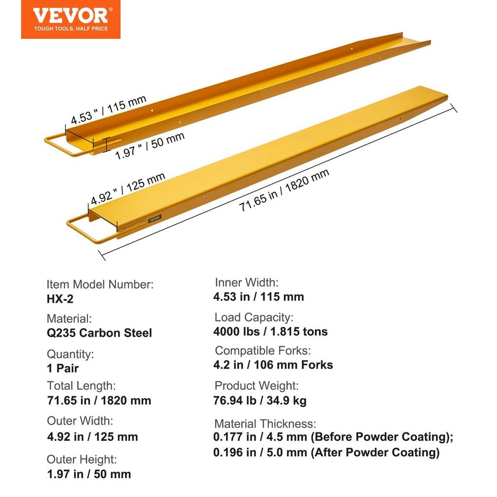 Pallet Fork Extensions, 72" Length 4.5" Width, Heavy Duty Carbon Steel Fork Extensions for Forklifts, 1 Pair Forklift Extensions, Industrial Forklift