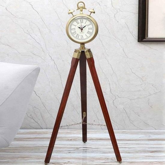

Modern Brown Polished Wooden Tripod Aluminum Brass Finished Analog Table Floor Clock, Clock On Tripod for Home and Office