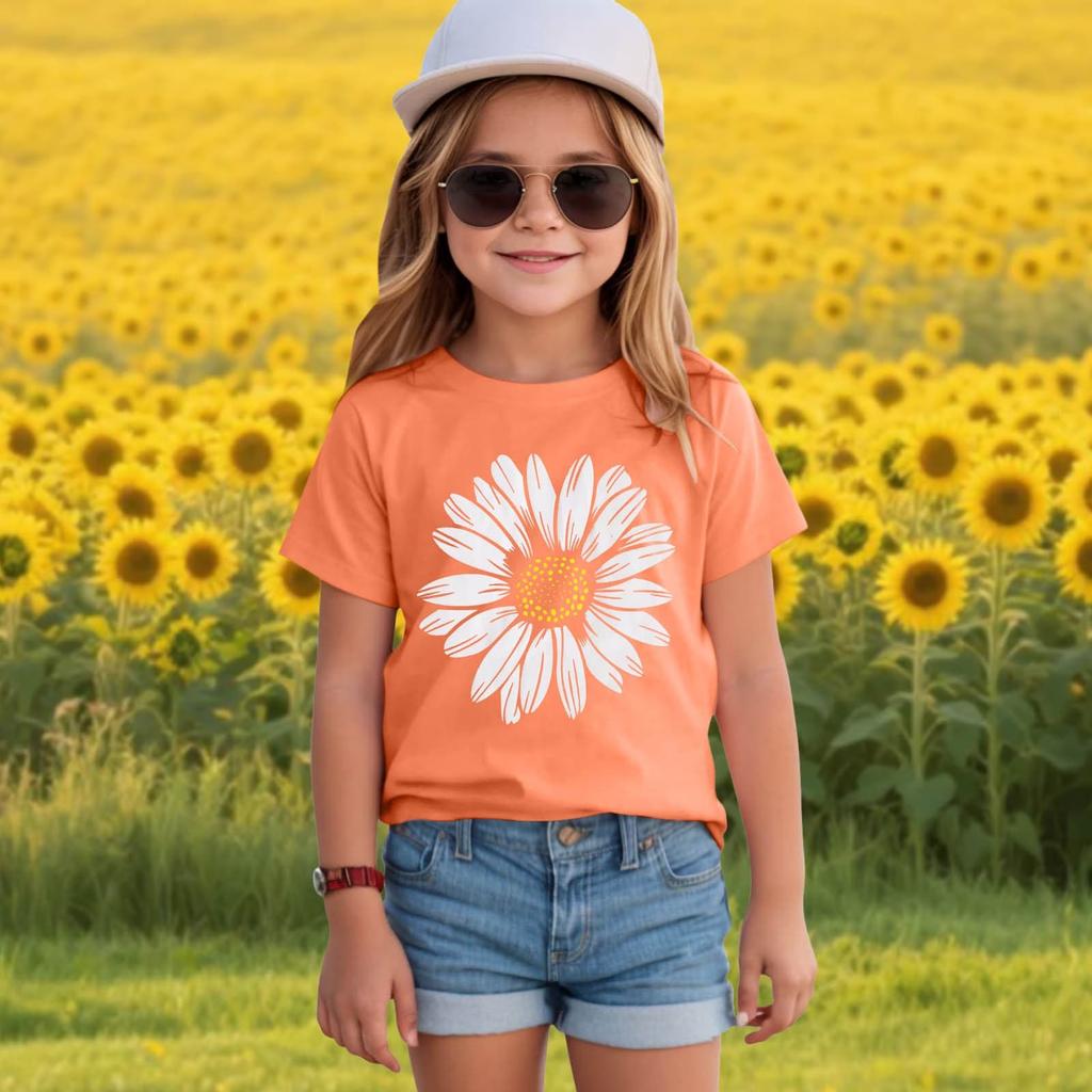 Girls Floral Print Short Sleeve T-Shirt Crew Neck Casual Top Lightweight Comfortable Fit for Everyday Wear