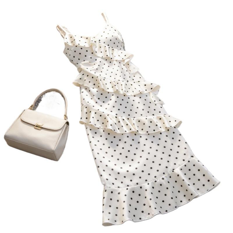 Spring and summer new waist thin pure desire lotus leaf edge thin long skirt French polka dot suspender dress women