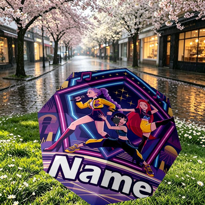 Custom Name Personalized Kpop Demon Hunter Print Umbrella, Auto Open Close, 8‑Rib Sturdy Frame, Commute Camping Hiking Use, Birthday Gift