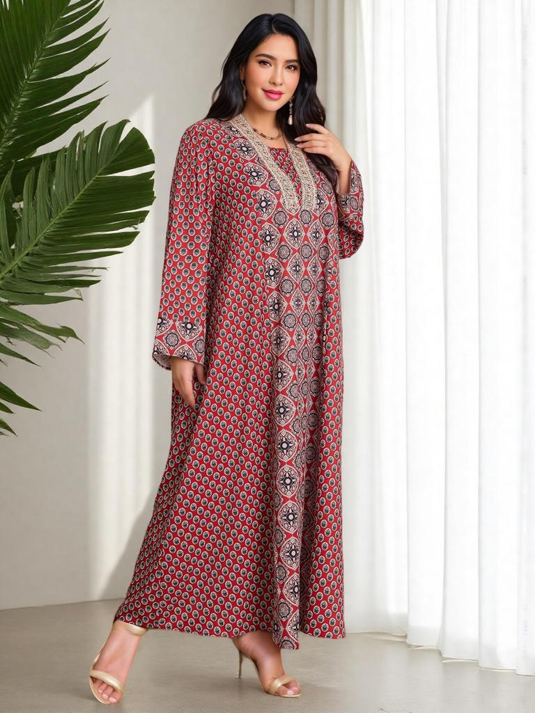 Middle Eastern Plus Size Red Floral V-Neck Long Dress with Retro Geometric Patterns and Elegant Ethnic Style