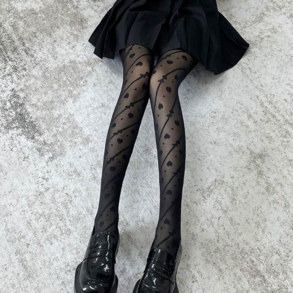 Transparent Heart Long Tights Ultra-thin Leggings Women Fashion Mesh Pantyhose Streetwear