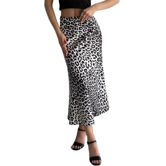 Leopard Print Maxi Skirt Elastic High Waist Satin Long Skirt Commuting Style