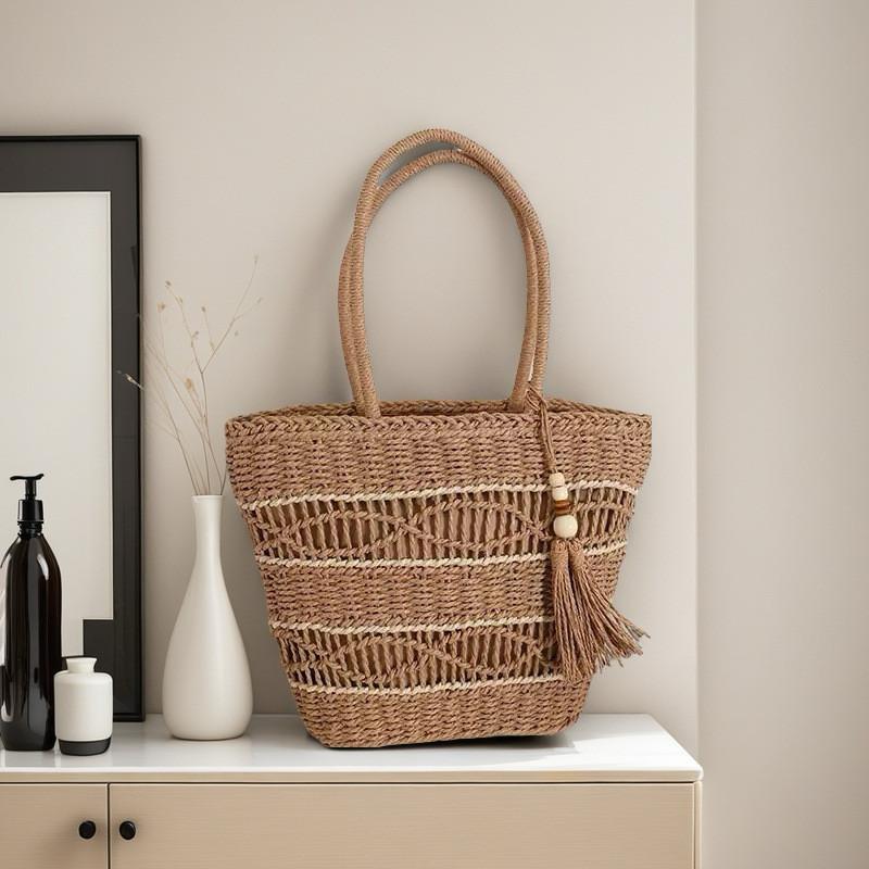 Simple Color Blocking Ripple Pattern Women Woven Tote Bag For Casual Daily Use