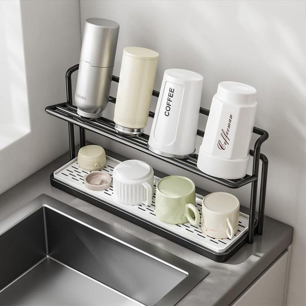 2-Tier Cup Storage Rack Space-Saving Mug Organizer Water Bottle Drying Rack  For Kitchen Countertop