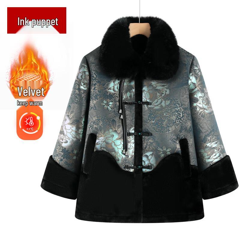 Elderly Women's Plush Lined Floral Winter Cotton Coat