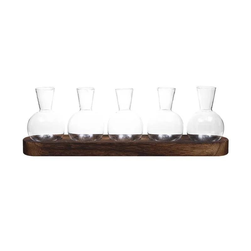 Plant Terrarium Glass Vase Modern Transparent with Wooden Tray, Hydroponics Propagation Station Indoor Desktop Decor