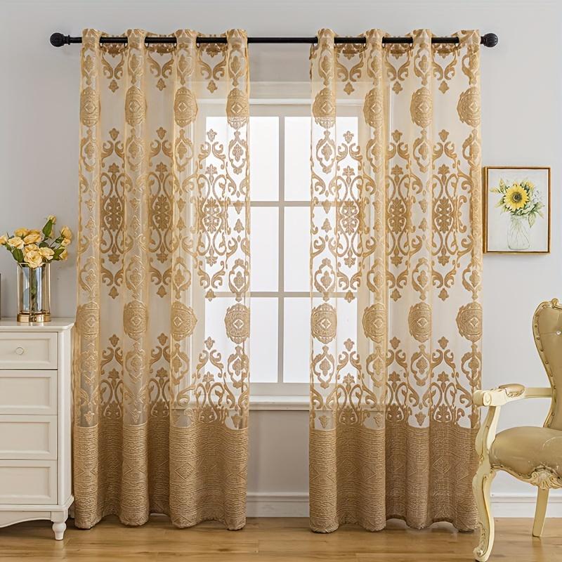 1PC Golden Elegant Jacquard Sheer Curtain with Grommet Top - Perfect for Bedroom, Living Room & Home Decor
