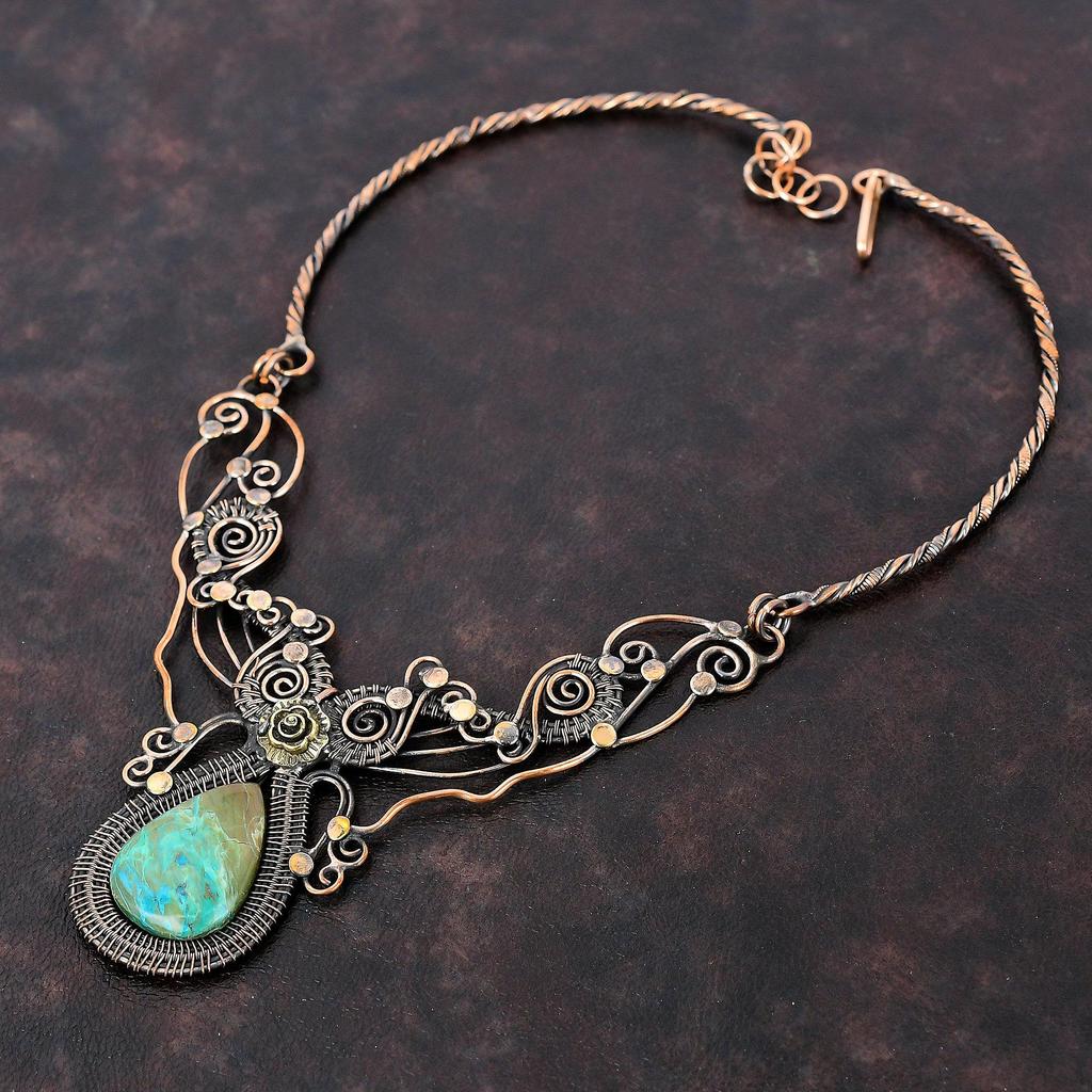 Chrysocolla Necklace Copper Wire Wrapped Necklace Handmade Necklace Gemstone Copper Jewelry Adjustable Necklace Wedding Gift Decent Jewelry