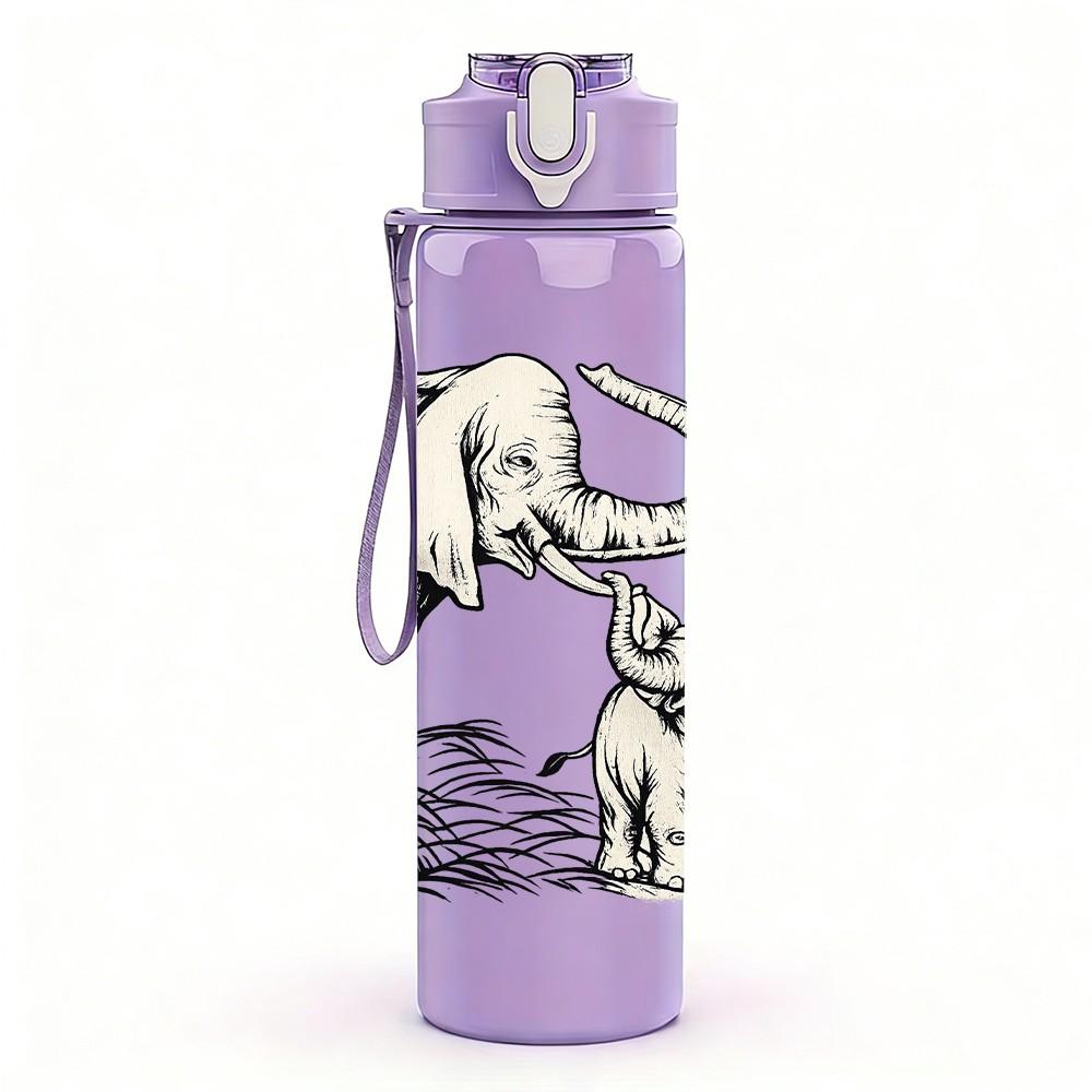 1PC Elephant Baby Calf Family Print 750ml Color Plastic Sports Water Bottle Leakproof Flip Straw Lid Suitable for Sports Office Home Use