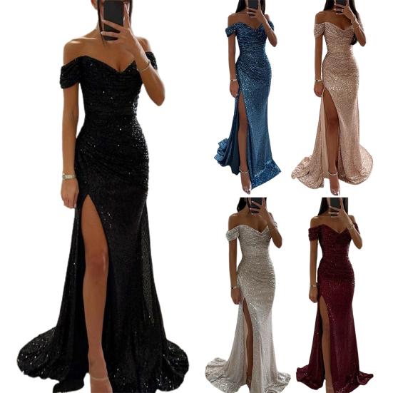 Elegantes, schulterfreies Maxikleid mit V-Ausschnitt und Pailletten, plissiert, kurze Ärmel, Taille, eng anliegend, für Abend, Party, Abschlussball, schlankes, sexy, langes Kleid mit Schlitz
