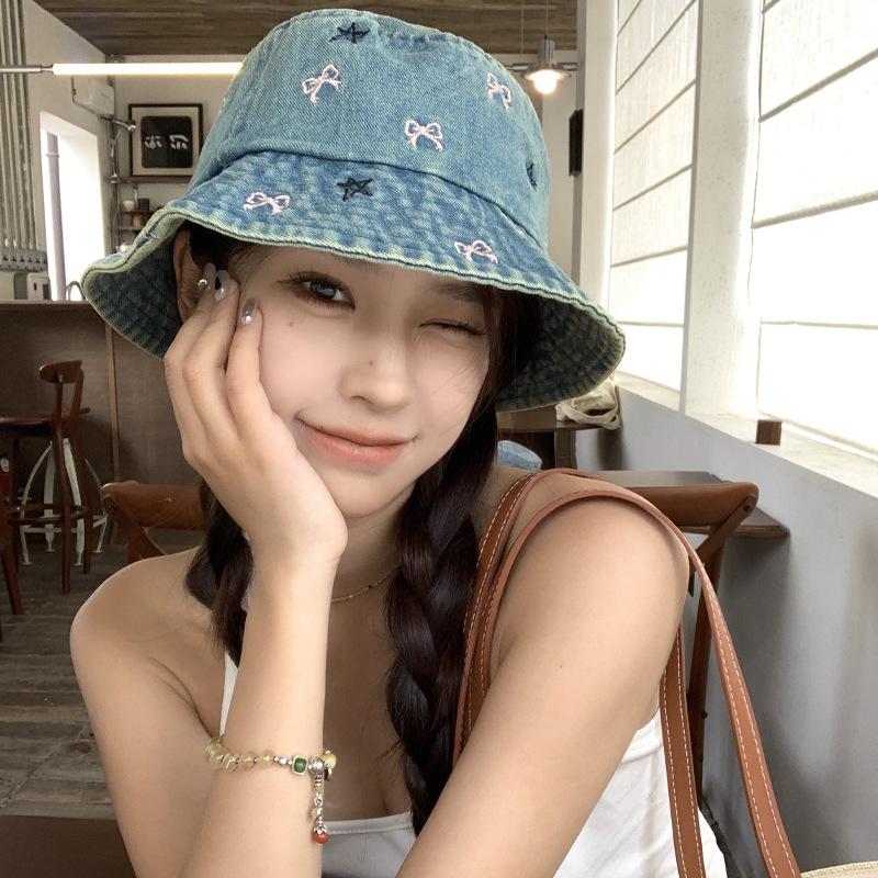 Summer Versatile Bow Embroidery Retro Old Cowboy Fisherman Hat Women Sun Protection Sun Protection Showing Face Small Basin Hat
