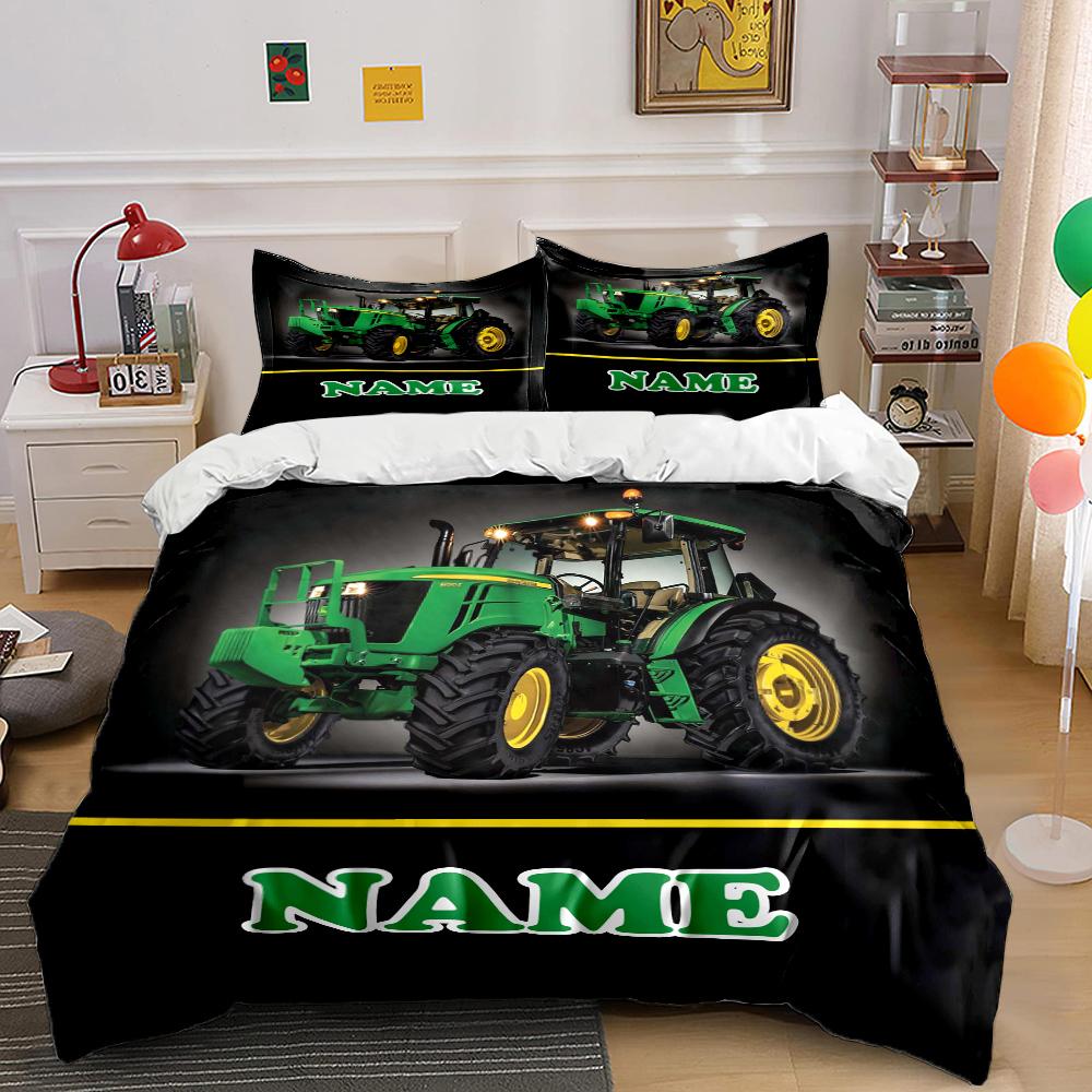 Name Customized Tractor Printed 3PC Quilt Cover Pillowcase Bedding Set Children Adult Comfortable Bedding Set Luxury Gift