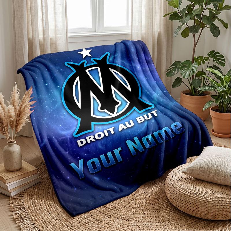 Olympique Marseille FC Custom Name Text Flannel Blanket Soccer Logo Personalized Fleece Throw Blanket Special Gift For Sofa Bedroom Home