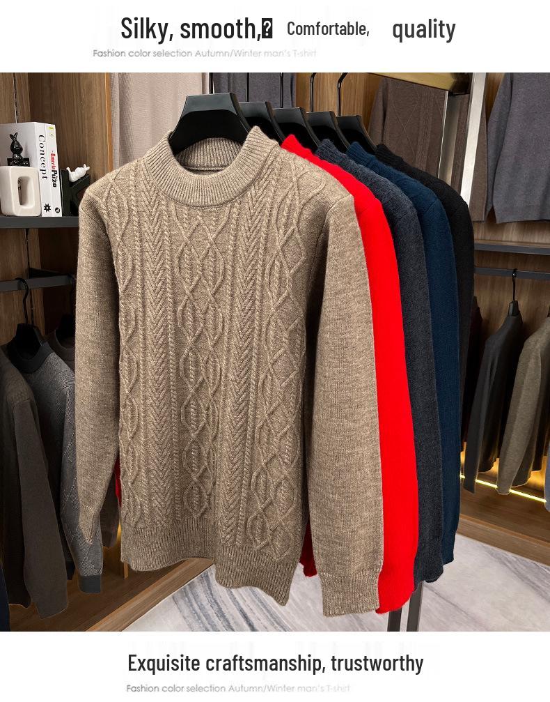 Men's Thick Warm Knitted Sweater, Half-High Collar, Winter Casual Mid-Age Dad Base Layer