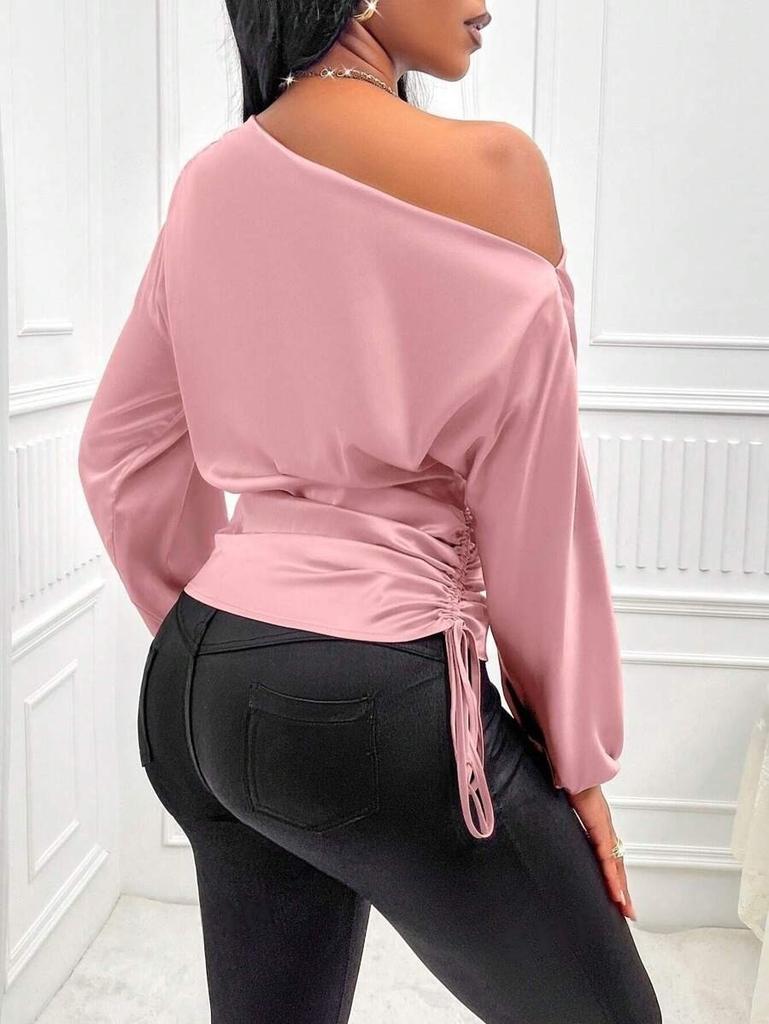 European and American new women's satin shirt, spring and summer asymmetrical long-sleeved diagonal collar shirt top