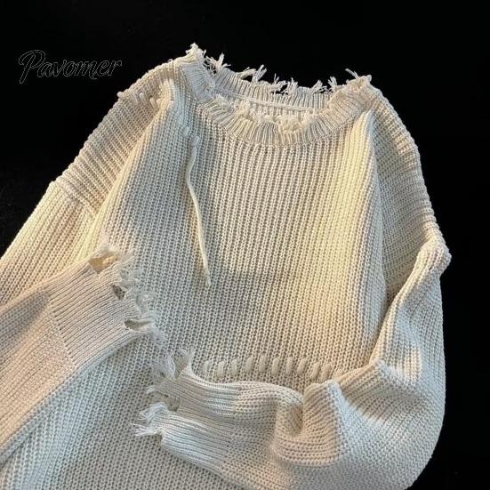 Hip HopSweater Men Fall Winter Sweater Ripped Tassel Solid Color Fringe Round Neck Long Sleeve Knitted Mid Length Loose Soft Warm Pullover Women