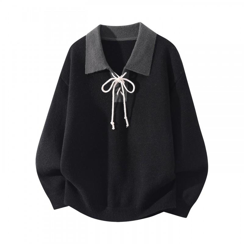 Mens Contrast Color Collar Knit Sweater High Quality Casual Long Sleeve Pullover Young Adults