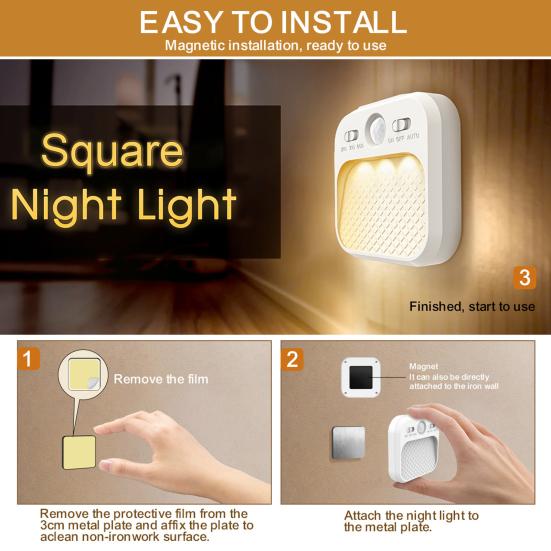 LED Night Light with Motion Sensor Angle Wide Sensing Angle Soft Glow Auto On/Off Rechargeable USB Night Light with 3 Modes